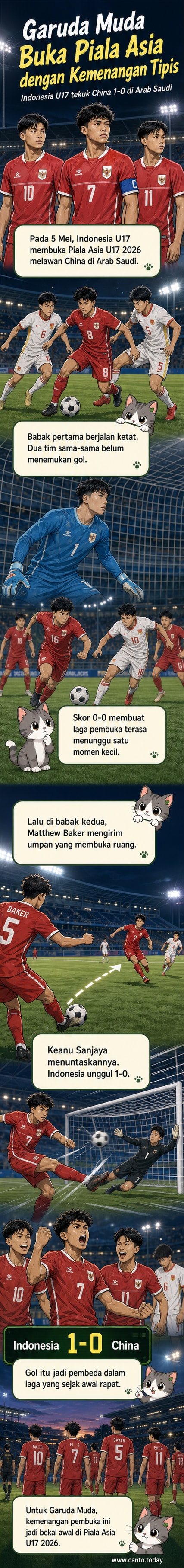 Pemain Timnas U17 Indonesia merayakan gol kemenangan melawan China di lapangan Arab Saudi, dengan kostum merah dan sorak suporter.
