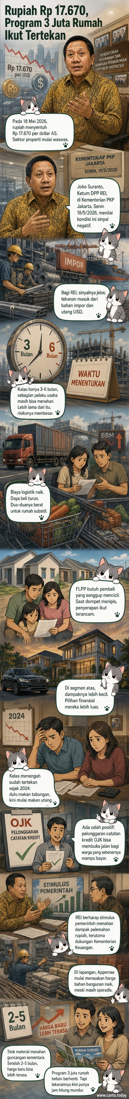Ilustrasi rupiah melemah dan ancaman terhadap program 3 juta rumah, dengan grafik nilai tukar dan gambar rumah sederhana yang retak.