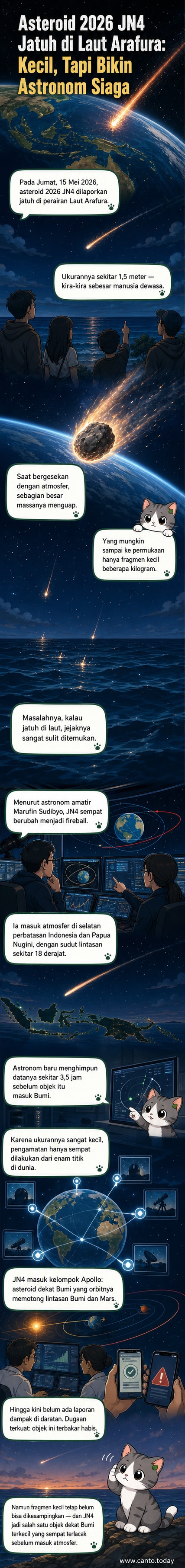 Ilustrasi asteroid kecil memasuki atmosfer Bumi, membentuk cahaya terang di langit malam, jatuh di atas perairan Laut Arafura.