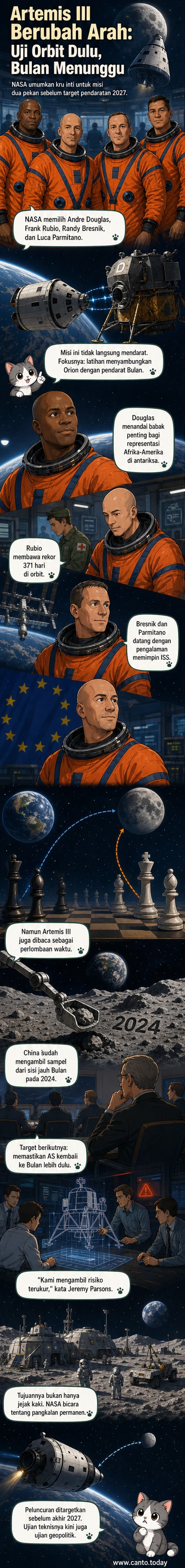 Ilustrasi empat astronaut NASA dalam seragam luar angkasa, berdiri di depan roket Artemis III yang siap diluncurkan ke orbit Bulan.