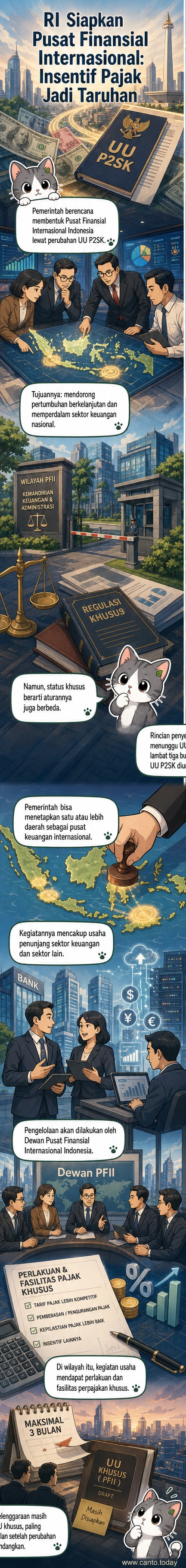 Ilustrasi gedung pencakar langit modern dengan simbol keuangan dan bendera Indonesia, menggambarkan rencana pembangunan Pusat Keuangan Internasional di Indonesia.