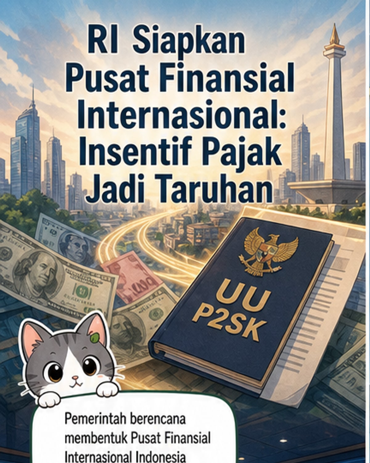 Ilustrasi gedung pencakar langit modern dengan simbol keuangan dan bendera Indonesia, menggambarkan rencana pembangunan Pusat Keuangan Internasional di Indonesia.