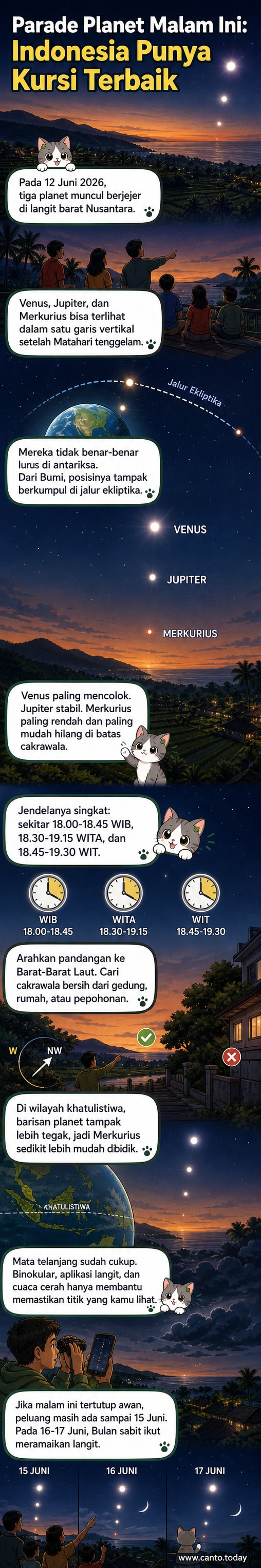 Ilustrasi tiga planet—Merkurius, Venus, dan Jupiter—berjajar di langit barat Indonesia setelah matahari terbenam, dengan latar pantai dan siluet pengamat memandang ke atas.