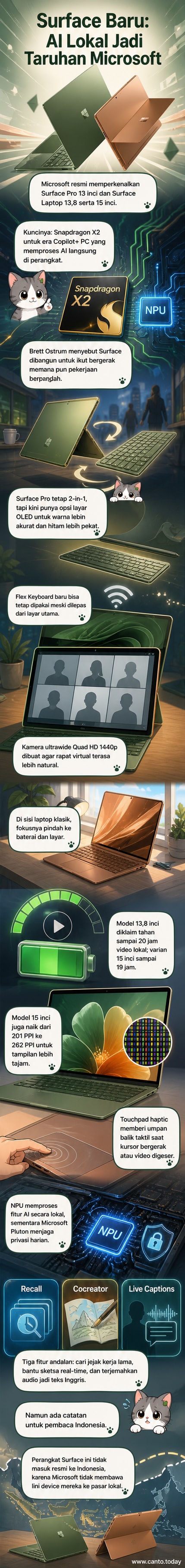 Ilustrasi dua perangkat Surface terbaru: Surface Pro dengan layar OLED dan Surface Laptop dengan desain tipis, menampilkan fitur unggulan seperti daya tahan baterai panjang dan pemrosesan AI lokal.