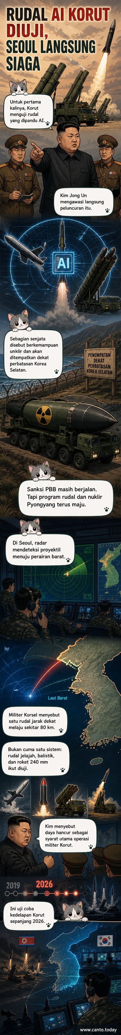 Ilustrasi rudal balistik Korea Utara diluncurkan dengan latar belakang layar komputer yang menunjukkan algoritma AI, diawasi oleh sosok pemimpin dengan siluet Kim Jong Un, sementara Korea Selatan dalam keadaan siaga tinggi.