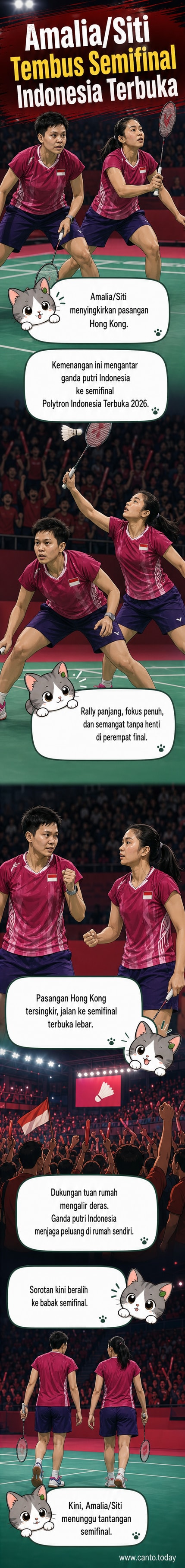 Dua pebulu tangkis wanita berpose siap bertanding di lapangan dengan latar stadion penuh penonton, memegang raket dengan fokus tinggi.