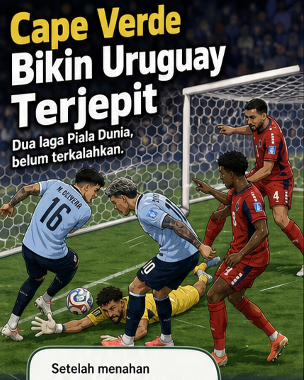 Pemain Cape Verde merayakan gol penyeimbang melawan Uruguay di tengah lapangan, dengan kerumunan penonton dan pemain lawan di latar belakang.