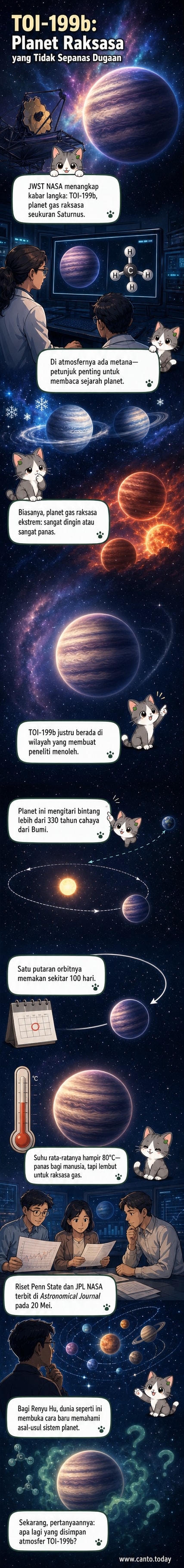 Ilustrasi exoplanet TOI-199b berukuran besar dengan atmosfer kebiruan, mengorbit bintang jauh, dengan suhu moderat dan kandungan metana tinggi.