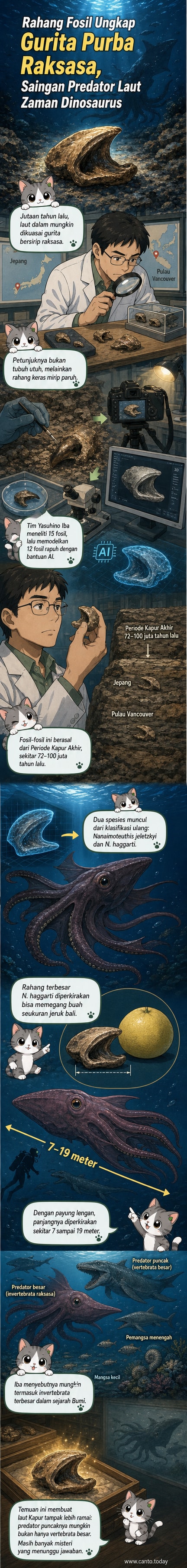 Ilustrasi gurita raksasa purba dengan tubuh transparan dan sirip seperti dumbo, mengambang di dasar laut gelap dengan fosil rahang di bawahnya