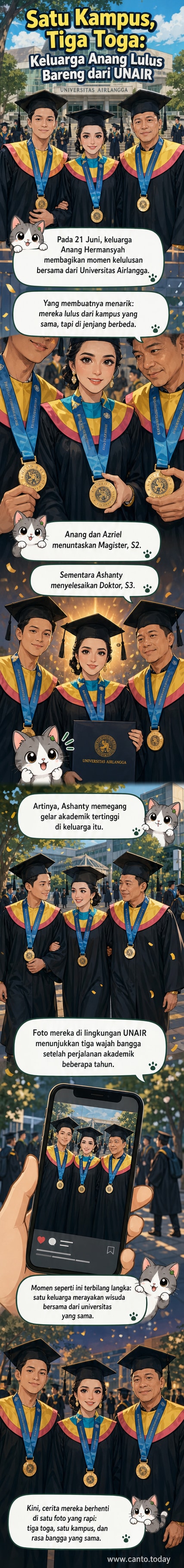 Anang Hermansyah, Ashanty, dan Azriel Hermansyah berdiri berjajar mengenakan toga dan medali kelulusan di depan gedung kampus UNAIR, tersenyum bangga merayakan kelulusan bersama.