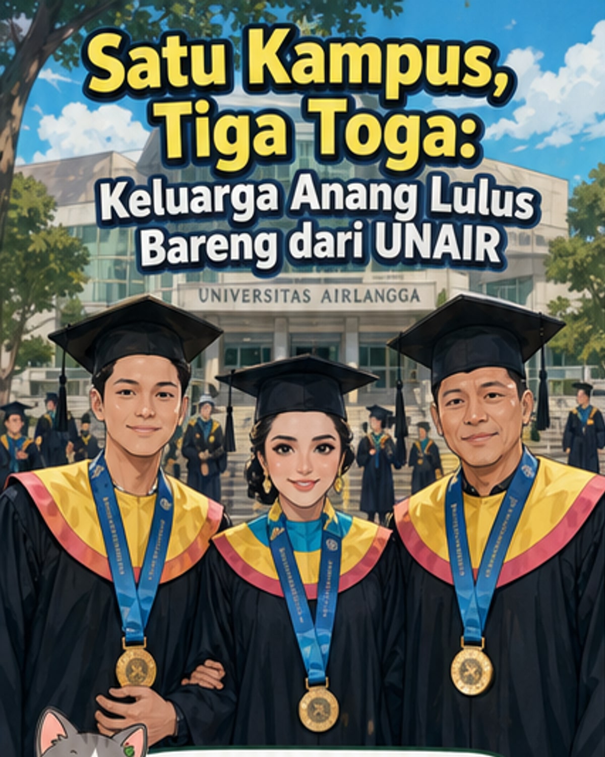 Anang Hermansyah, Ashanty, dan Azriel Hermansyah berdiri berjajar mengenakan toga dan medali kelulusan di depan gedung kampus UNAIR, tersenyum bangga merayakan kelulusan bersama.