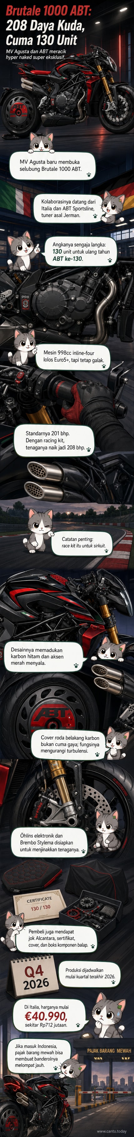 Motor sport MV Agusta Brutale 1000 ABT edisi terbatas dengan bodi karbon fiber, desain agresif, dan sentuhan warna merah-emas, dipamerkan di area terbuka dengan latar belakang sirkuit.