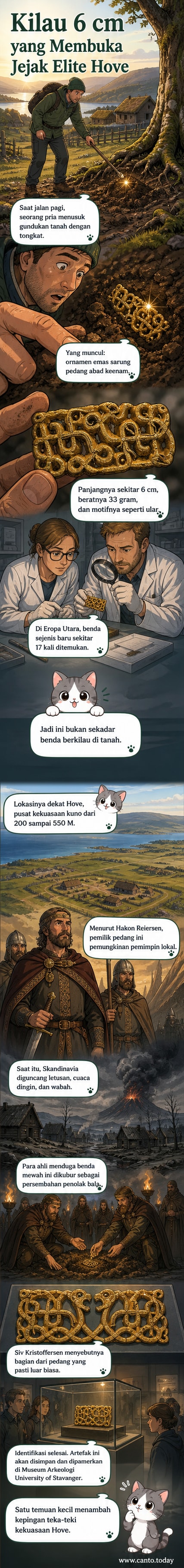 Ilustrasi ornamen emas berbentuk hewan dengan detail ukiran rumit, ditemukan di bawah tanah di hutan Norwegia.