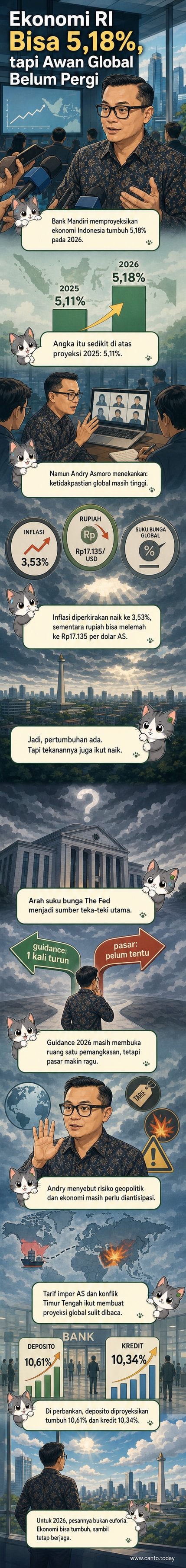 Ilustrasi ekonomi Indonesia dengan grafik pertumbuhan, simbol rupiah, dan peta dunia yang menunjukkan ketegangan geopolitik.