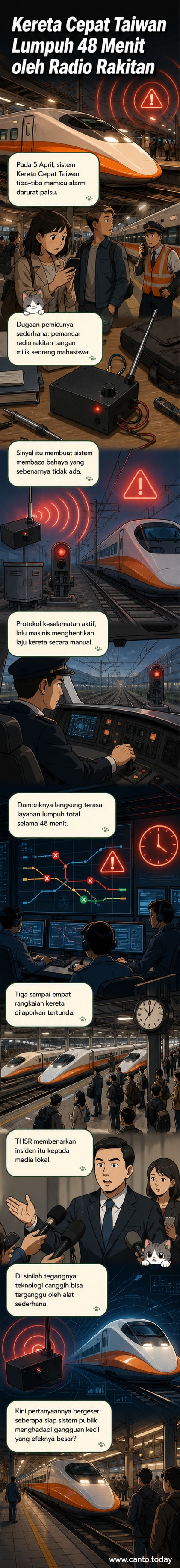 Ilustrasi kereta cepat Taiwan terhenti di rel karena sinyal darurat palsu dari serangan radio rakitan, dengan latar belakang kota modern dan perangkat elektronik sederhana.