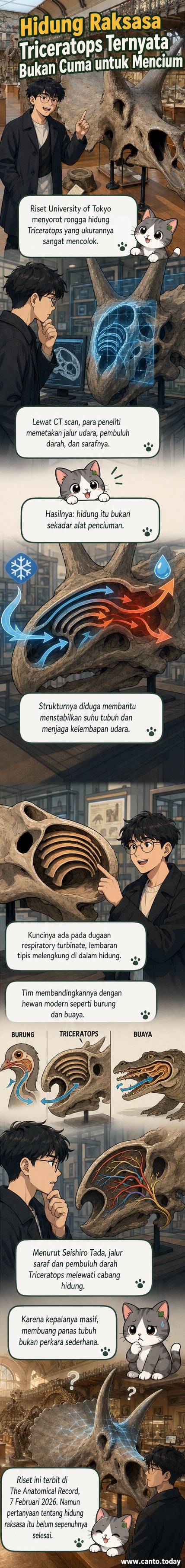 Ilustrasi tengkorak Triceratops dengan rongga hidung besar yang ditunjukkan secara internal, menampilkan jalur udara dan jaringan pembuluh darah.