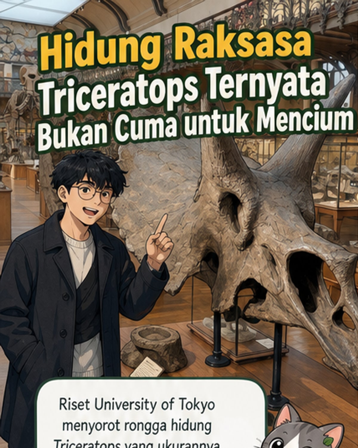 Ilustrasi tengkorak Triceratops dengan rongga hidung besar yang ditunjukkan secara internal, menampilkan jalur udara dan jaringan pembuluh darah.