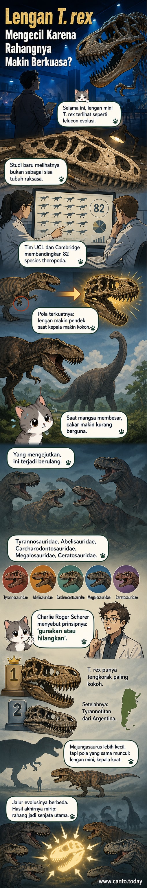 Ilustrasi dinosaurus T. rex dengan lengan kecil dan rahang besar, menunjukkan evolusi dari lengan ke kekuatan gigitan.