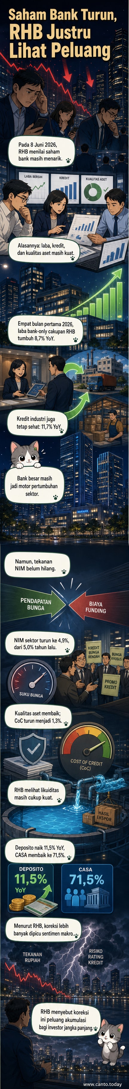 Ilustrasi grafik saham bank naik dengan latar belakang bangunan kantor bank dan angka pertumbuhan laba 8,7% dan kredit 11,7%.