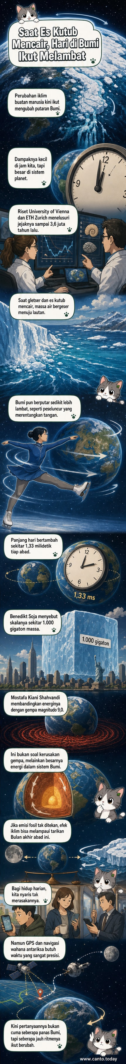 Ilustrasi Bumi yang berputar lebih lambat dengan tangan figuratif merentang seperti atlet seluncur indah, menunjukkan bagaimana redistribusi massa dari pencairan es memengaruhi rotasi.