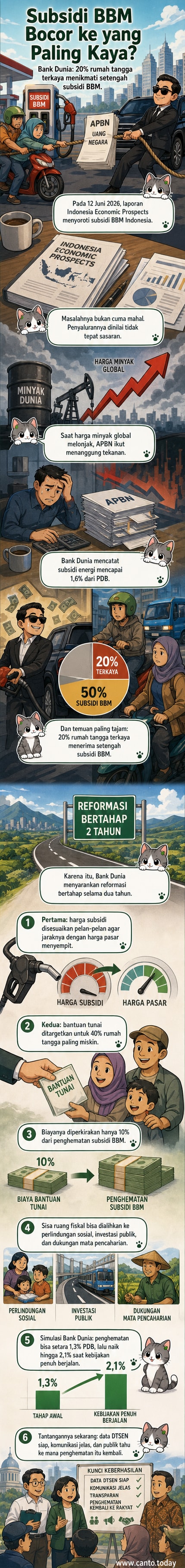 Ilustrasi keluarga kaya mengisi bahan bakar di SPBU sementara keluarga miskin melihat dari kejauhan, dengan grafik menunjukkan 50% subsidi dinikmati 20% rumah tangga terkaya.