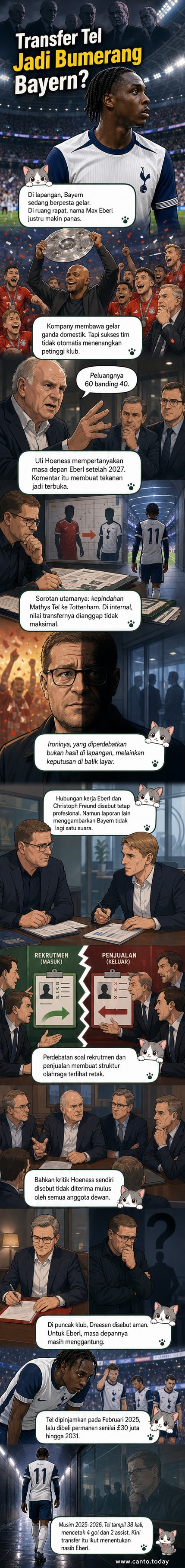 Ilustrasi dua tokoh berdiri di sisi berlawanan dari lapangan sepak bola, satu memakai seragam Bayern Munchen, satunya lainnya memegang jersey Tottenham, dengan latar belakang stadion dan tanda tanya besar di atasnya.