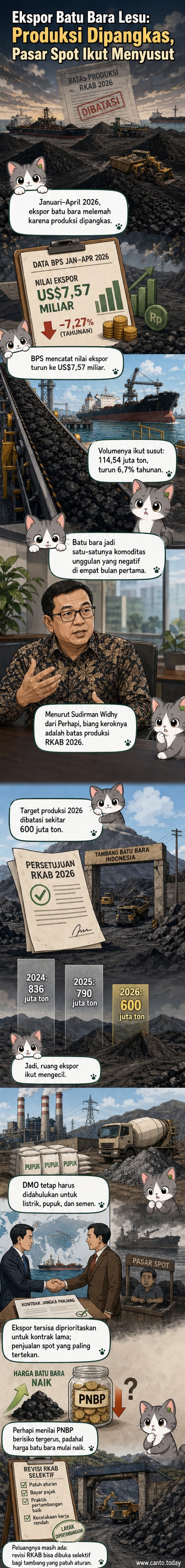 Ilustrasi kapal kargo di pelabuhan batu bara dengan grafik penurunan ekspor dan ikon kebijakan pemerintah.