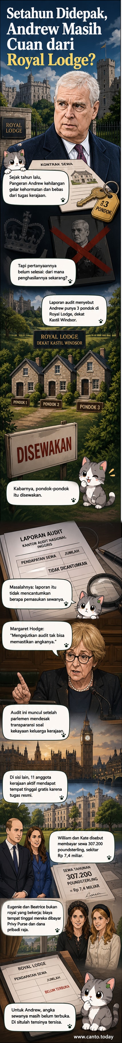 Ilustrasi Pangeran Andrew berdiri di depan pondok di Royal Lodge, Windsor Great Park, dengan latar belakang Kastil Windsor.