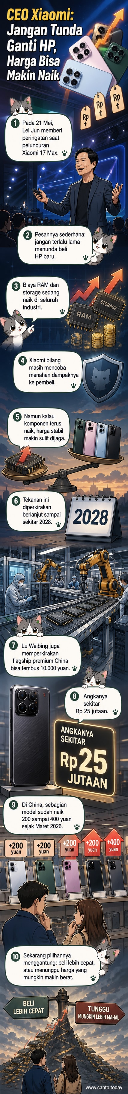 Ilustrasi ponsel dengan grafik harga naik dan komponen chip memori menyala, mewakili peringatan CEO Xiaomi soal kenaikan harga HP mendatang.