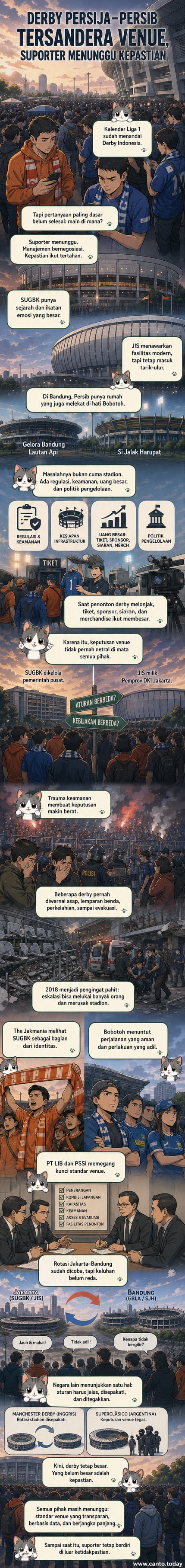 Ilustrasi dua suporter dari Persija dan Persib berdiri saling memunggungi di tengah stadion kosong, dengan latar belakang dua stadion ikonik: SUGBK dan JIS, menunjukkan ketegangan karena venue belum ditentukan.