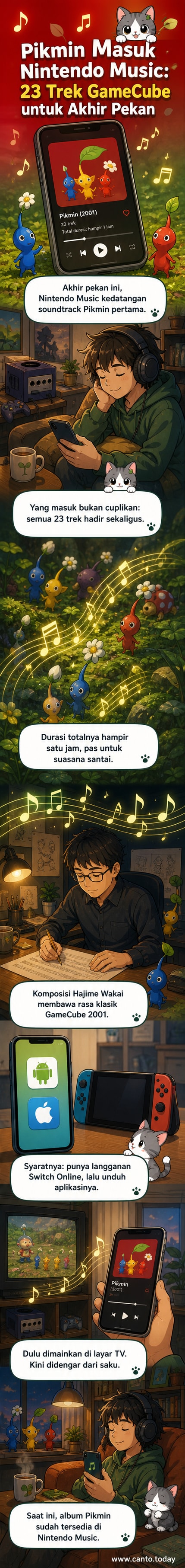 Ilustrasi webtoon menampilkan headphone besar dengan latar belakang taman kecil berisi karakter kecil mirip tanaman dari game Pikmin, dengan notasi musik mengambang di sekitarnya.