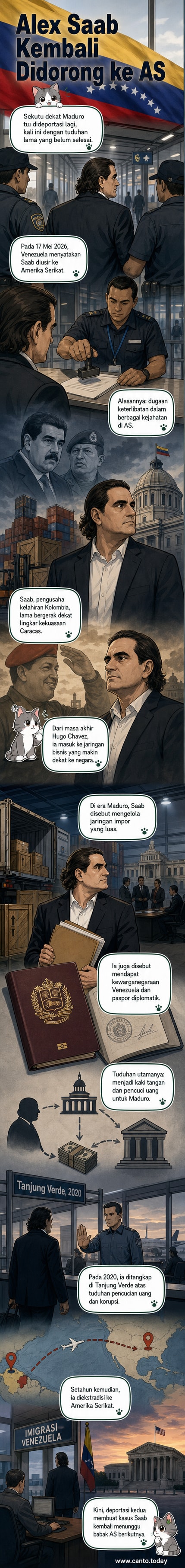 Ilustrasi Alex Saab, sekutu dekat Maduro, digambarkan dalam pakaian formal dengan latar belakang bendera Venezuela dan simbol keuangan, menunjukkan keterlibatannya dalam jaringan pencucian uang yang mengarah ke AS.