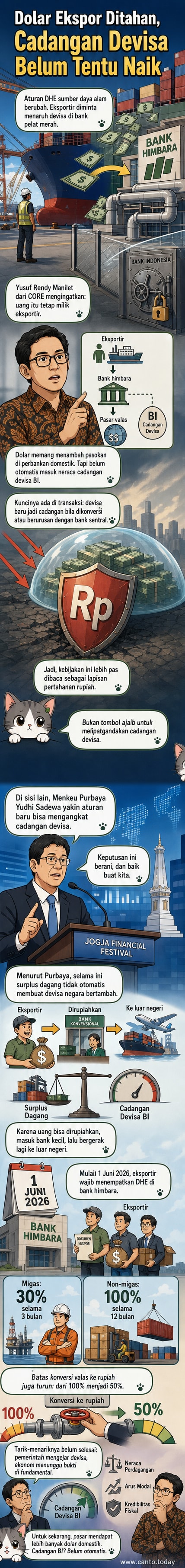 Ilustrasi uang kertas dolar AS dan rupiah dengan latar belakang gedung bank BUMN dan kapal ekspor, menggambarkan kebijakan baru penempatan devisa hasil ekspor.