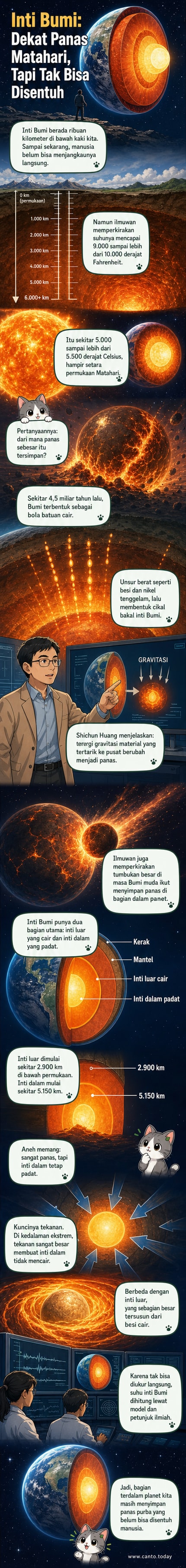 Ilustrasi lintasan lapisan Bumi dari kerak hingga inti, menunjukkan inti dalam padat dan inti luar cair dengan suhu mendekati permukaan Matahari.