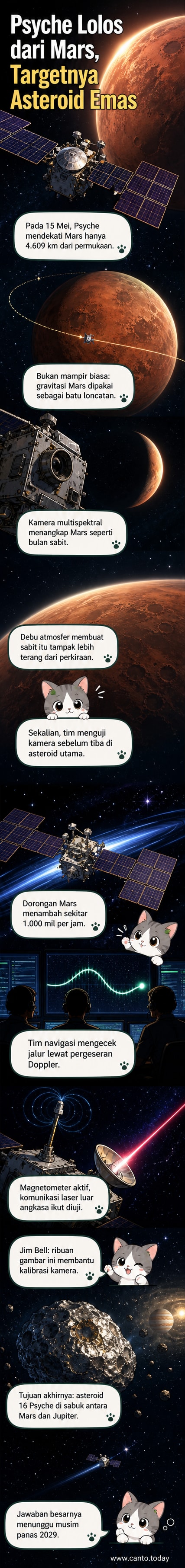 Ilustrasi pesawat luar angkasa Psyche melintas dekat Mars, menggunakan gravitasi planet untuk mempercepat perjalanan menuju asteroid 16 Psyche.