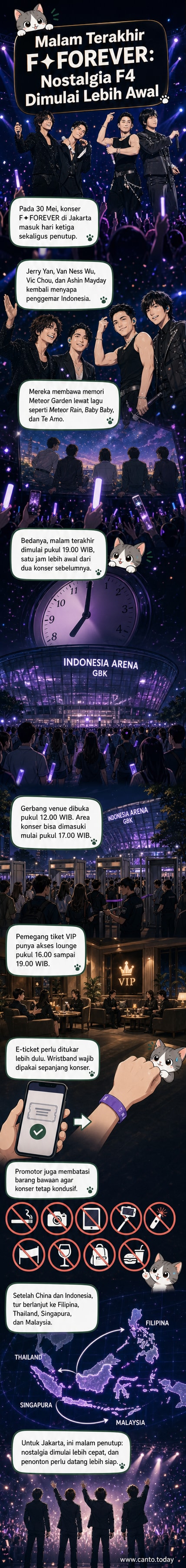 Para anggota F4 dan Ashin Mayday tersenyum di atas panggung konser F✦FOREVER di Jakarta, dengan latar lampu warna-warni dan penonton yang antusias.
