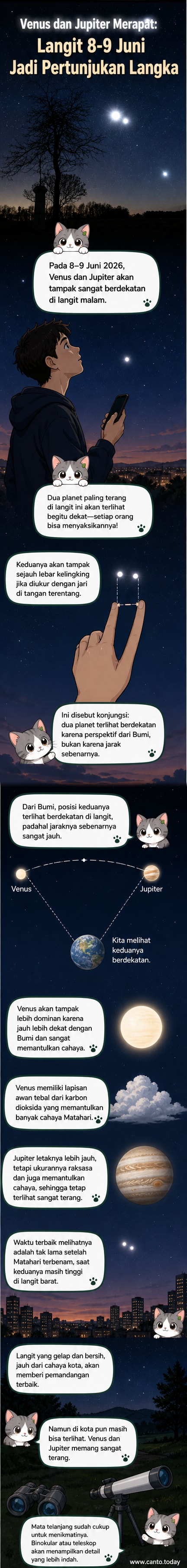Ilustrasi dua planet terang, Venus dan Jupiter, tampak sangat dekat di langit malam, dengan latar belakang bintang-bintang.