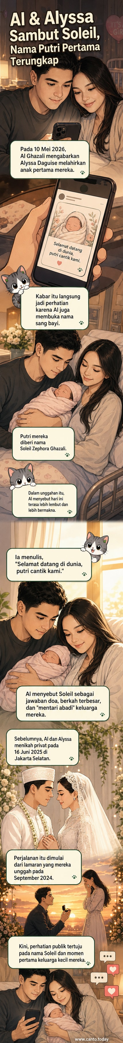 Al Ghazali menggendong bayi perempuan kecil sambil berdiri di samping Alyssa Daguise yang duduk di ranjang rumah sakit, keduanya tersenyum haru.