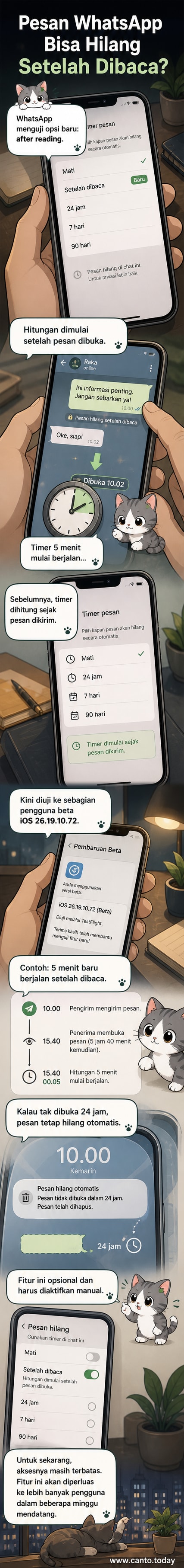 Ilustrasi dua ponsel saling mengirim pesan dengan tanda waktu mundur yang muncul setelah pesan dibaca, lalu menghilang dari layar percakapan.