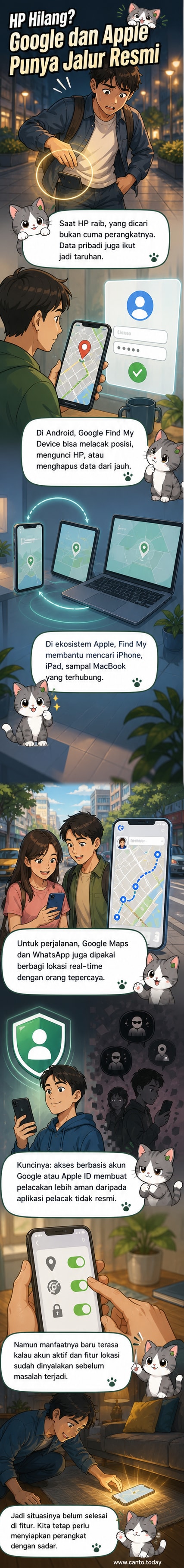 Ilustrasi ponsel dengan ikon lokasi dan akun Google serta Apple, menunjukkan fitur pelacakan perangkat resmi.