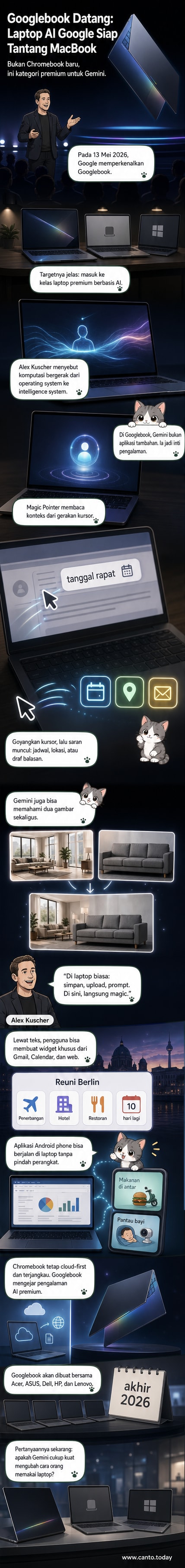 Ilustrasi laptop tipis dengan layar menyala menampilkan antarmuka AI Gemini, garis cahaya biru di bagian bawah (Glowbar), dan kursor bergerak di atas kalender digital yang menunjukkan saran otomatis.
