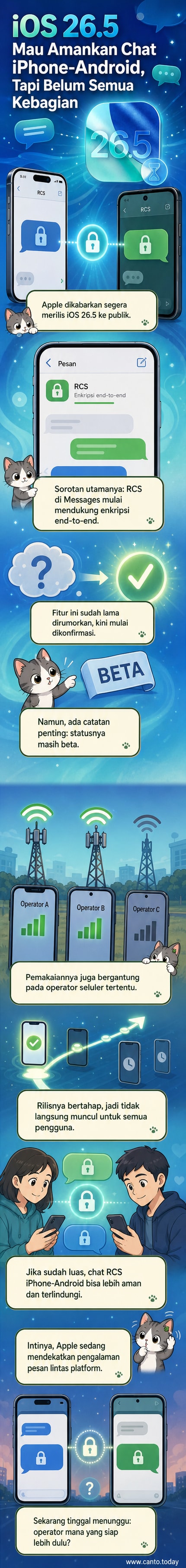 Ilustrasi ponsel iPhone dan Android saling mengirim pesan dengan ikon kunci keamanan di antara mereka, menunjukkan enkripsi RCS di iOS 26.5