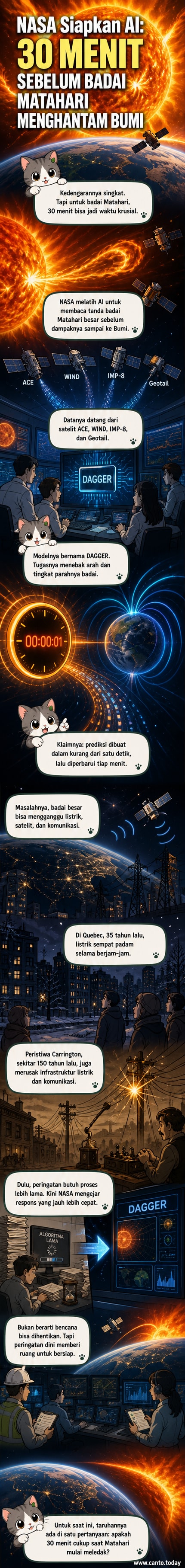 Ilustrasi panel webtoon: Bumi dari luar angkasa, dengan badai matahari mendekat dan sistem AI NASA yang mengirim sinyal peringatan dini.