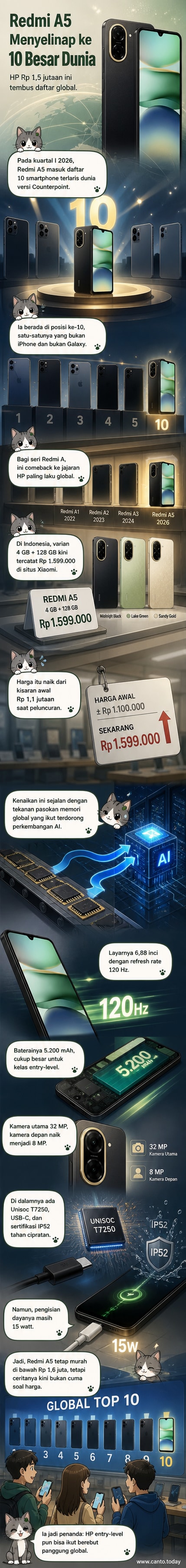 Ilustrasi ponsel Xiaomi Redmi A5 dengan layar menyala, menampilkan grafik penjualan global dan spesifikasi utama seperti baterai 5.200 mAh dan kamera 32 MP.