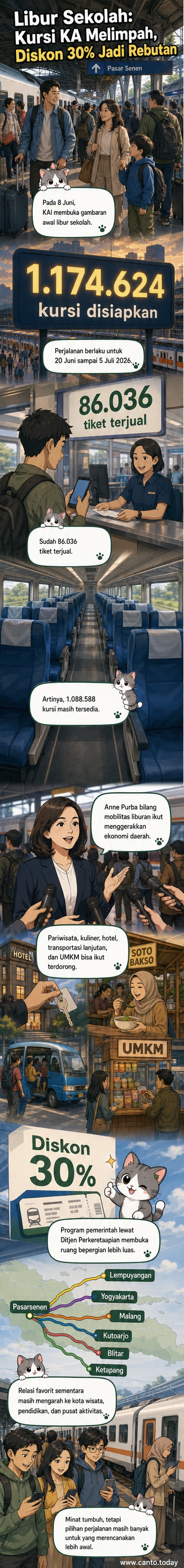 Penumpang bersiap di peron Stasiun Pasar Senen menjelang keberangkatan kereta api Kertajaya, dengan latar petugas dan papan informasi keberangkatan.