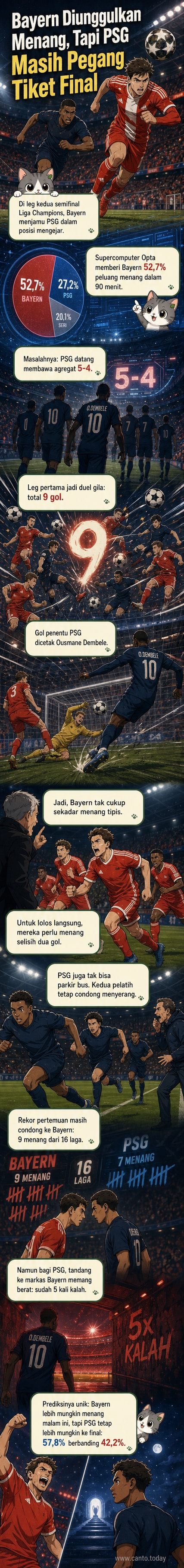 Ilustrasi dua pemain utama Bayern dan PSG berhadapan di tengah lapangan, latar belakang stadion penuh penonton dan layar digital menampilkan skor 5-4.