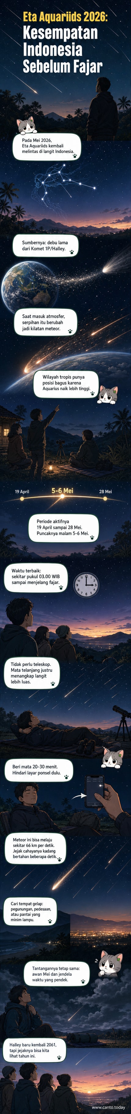 Ilustrasi hujan meteor Eta Aquariids di langit malam Indonesia, dengan lintasan cahaya dari arah konstelasi Aquarius