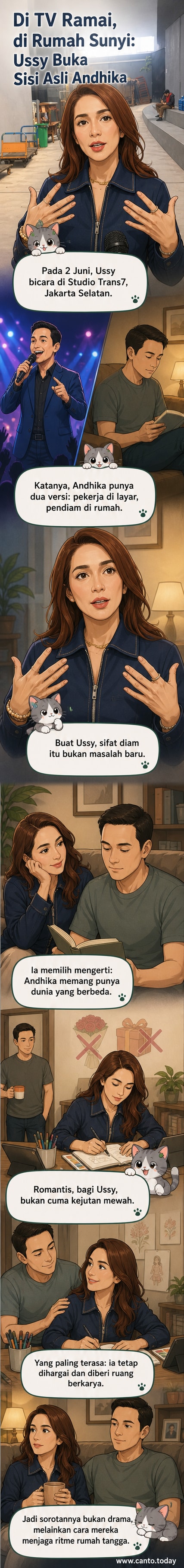 Ilustrasi Ussy Sulistiawaty dan Andhika Pratama dengan dua versi karakter: Andhika ceria di panggung dan diam di rumah.