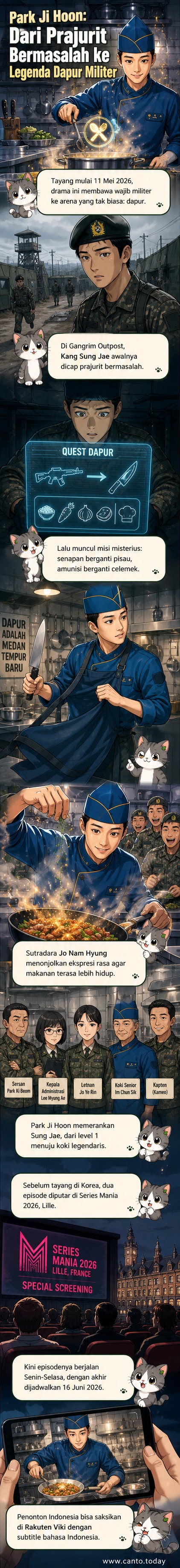 Park Ji Hoon berdiri di dapur militer memakai celemek, memegang wajan, dengan latar barak dan jendela quest misterius mengambang di udara.