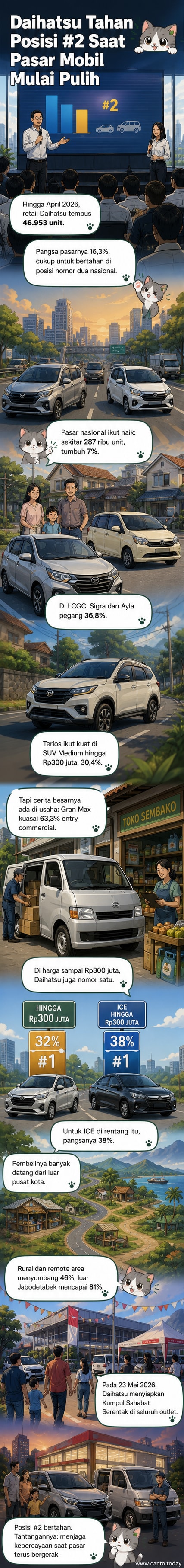 Ilustrasi mobil Daihatsu Sigra, Ayla, dan Gran Max melintas di jalan pedesaan Indonesia, dengan grafik penjualan dan pangsa pasar di latar belakang.